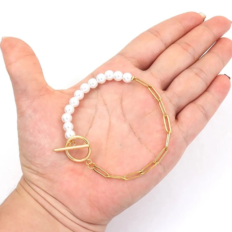 Paperclip Chain Pearl Blended Bracelet and Necklace