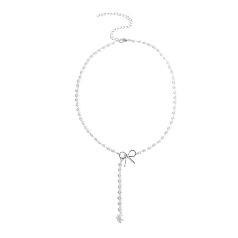 Pearl Dainty Bow Lariat Necklace