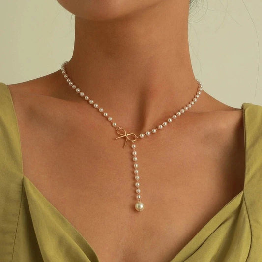 Pearl Dainty Bow Lariat Necklace