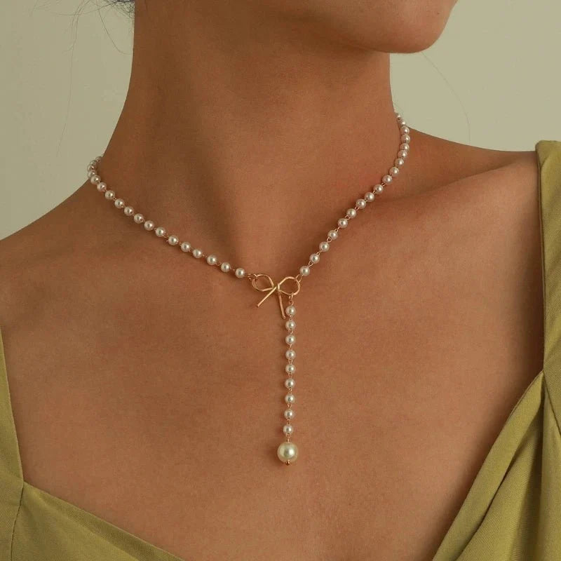 Pearl Dainty Bow Lariat Necklace