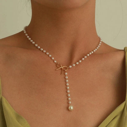 Pearl Dainty Bow Lariat Necklace