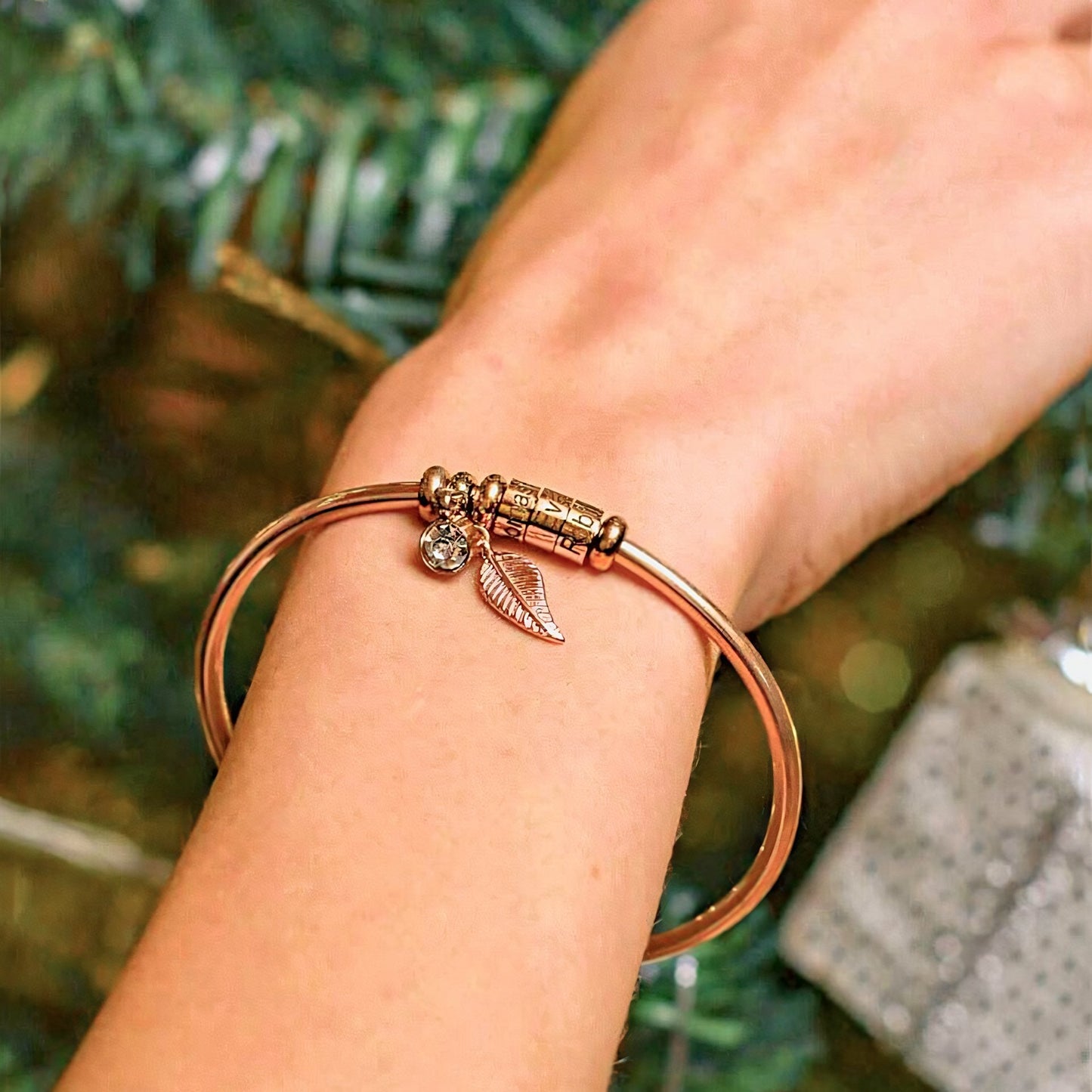 Personalized Leaf Birthstone & Name Family Bangle Bracelet