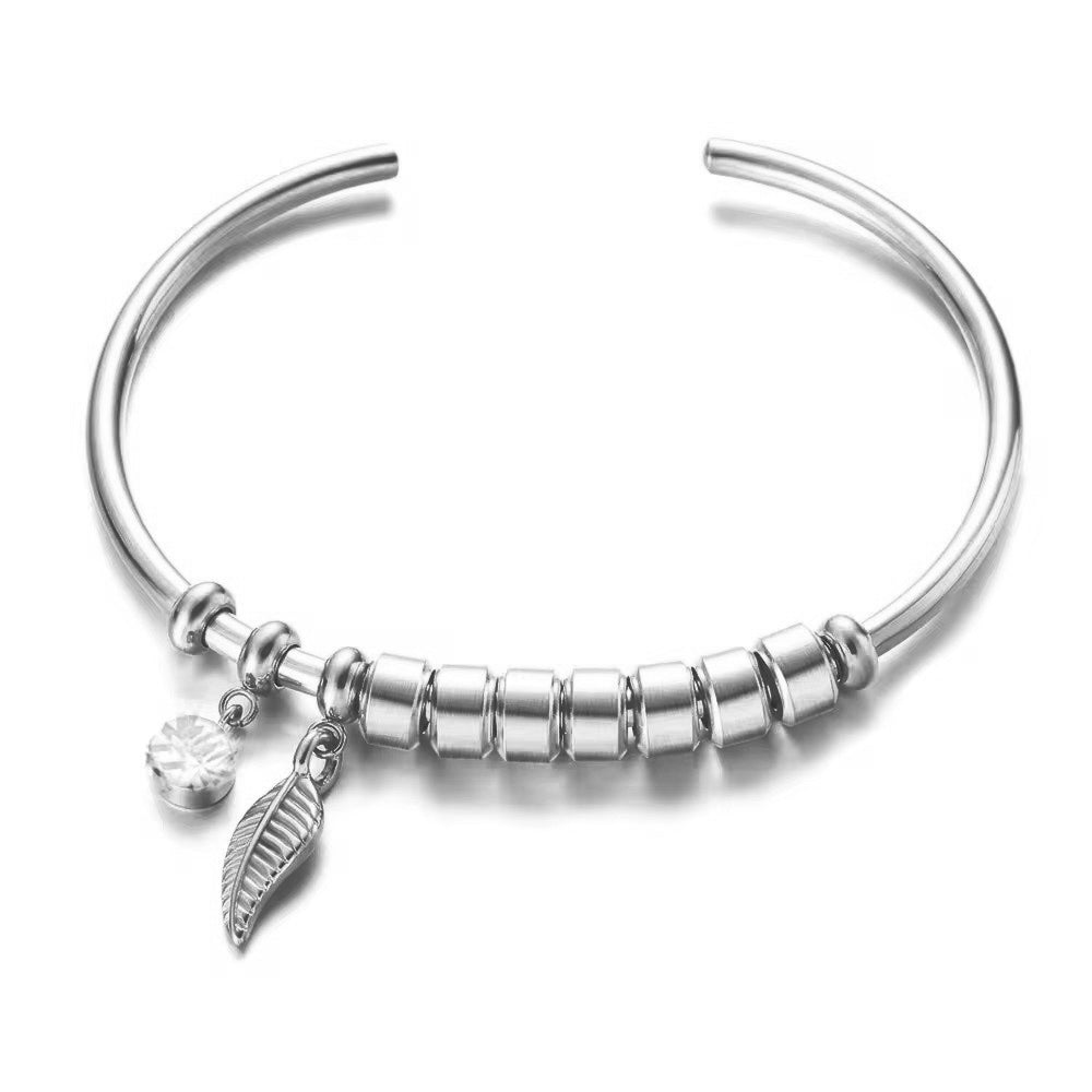 Personalized Leaf Birthstone & Name Family Bangle Bracelet