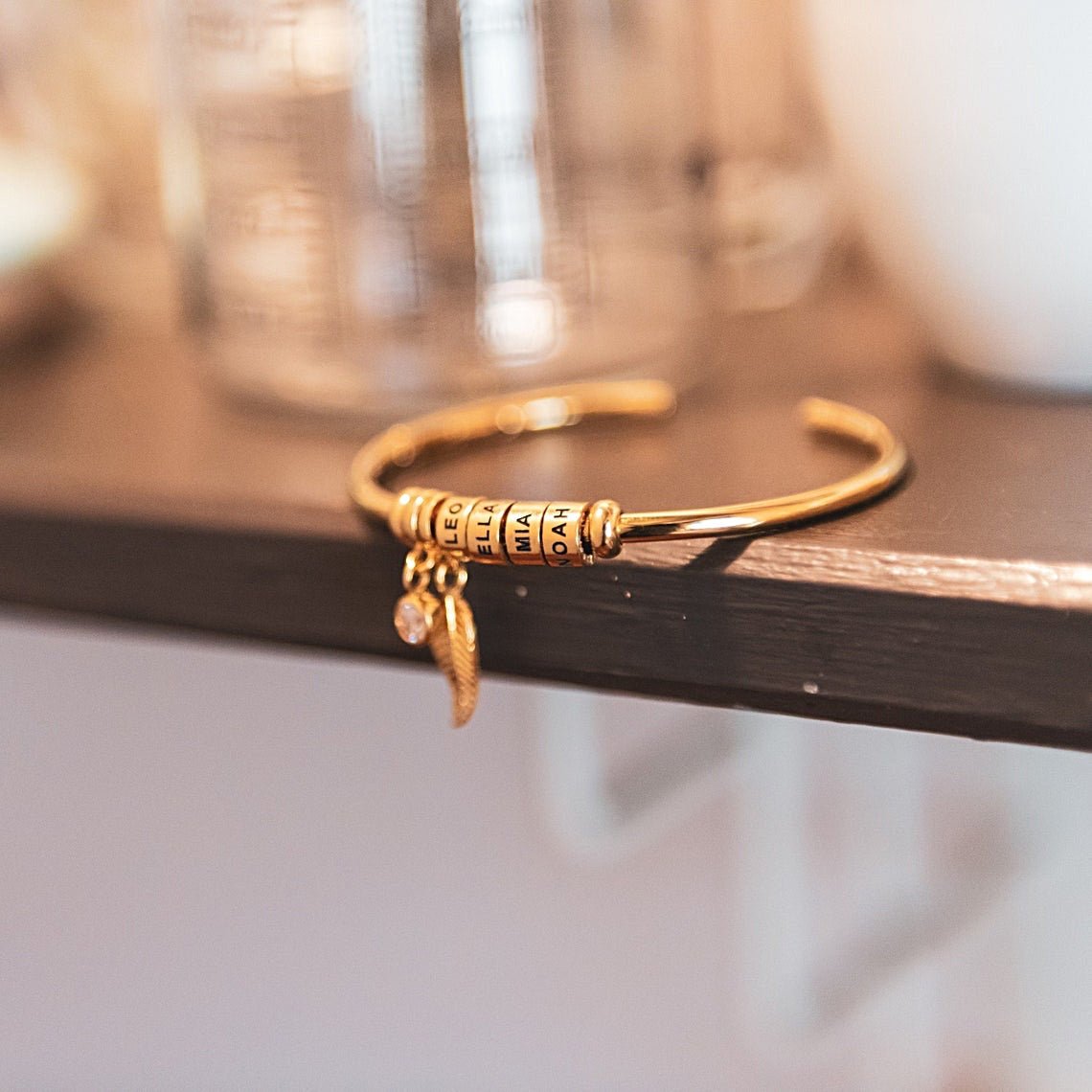 Personalized Leaf Birthstone & Name Family Bangle Bracelet