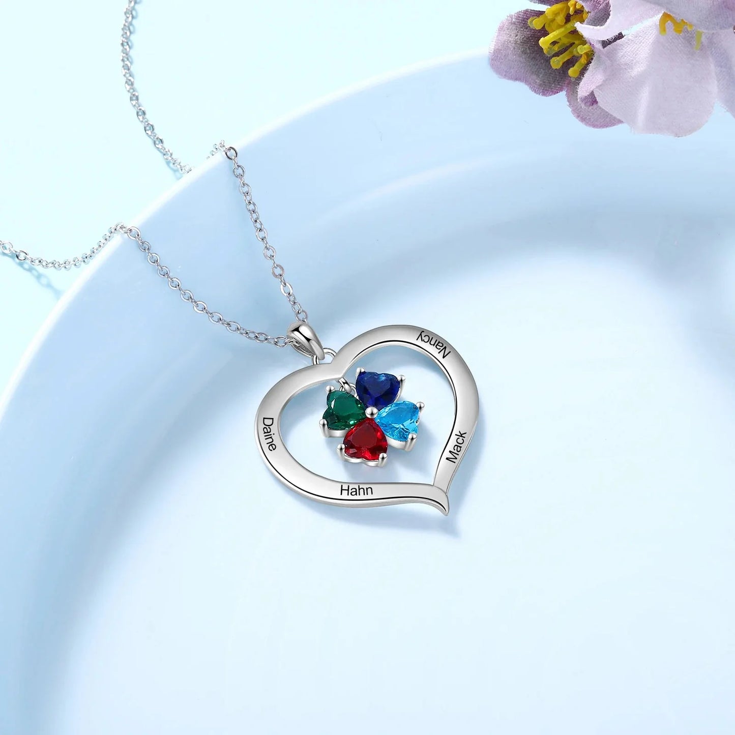 Personalized Name & Birthstone Heart Hanging Pendant Necklace