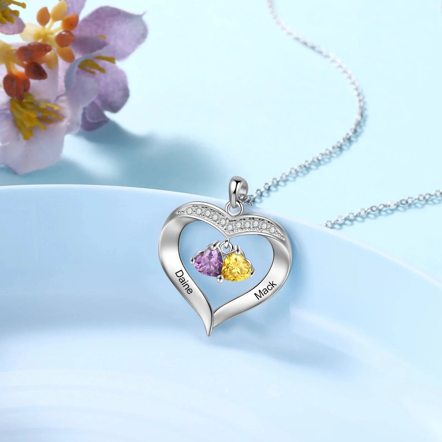 Personalized Name & Birthstone Heart Hanging Pendant Necklace