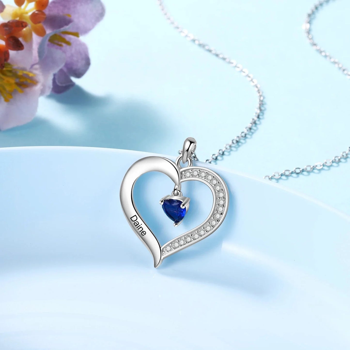 Personalized Name & Birthstone Heart Hanging Pendant Necklace