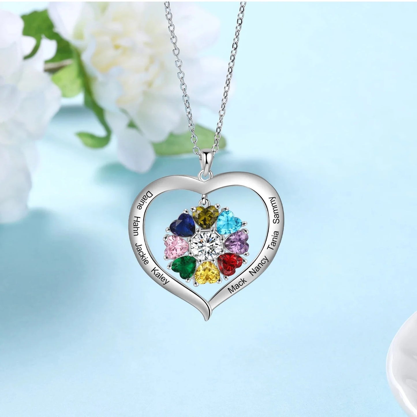 Personalized Name & Birthstone Heart Hanging Pendant Necklace