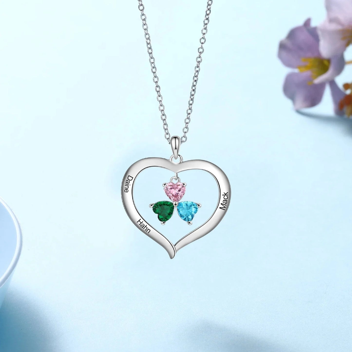 Personalized Name & Birthstone Heart Hanging Pendant Necklace