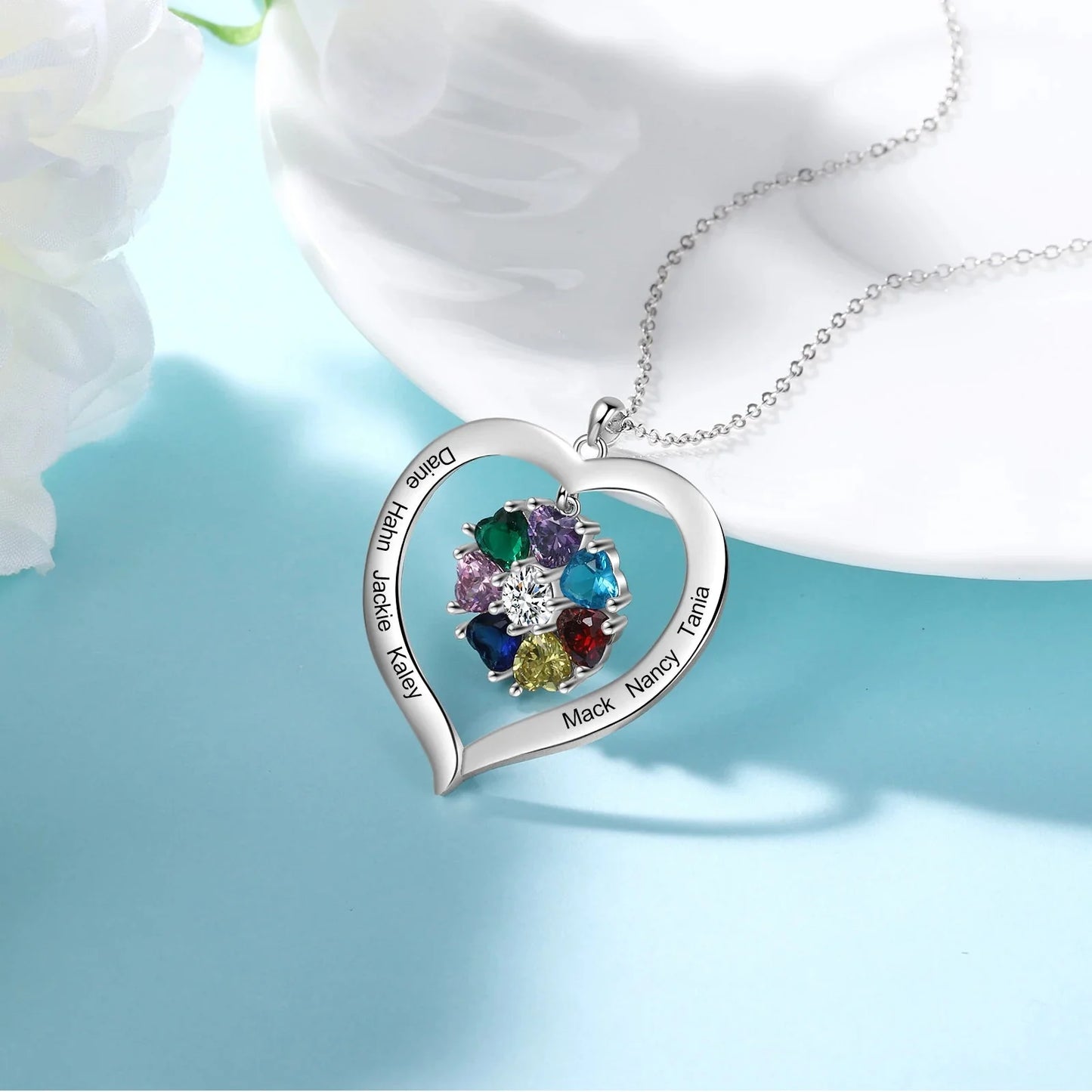 Personalized Name & Birthstone Heart Hanging Pendant Necklace
