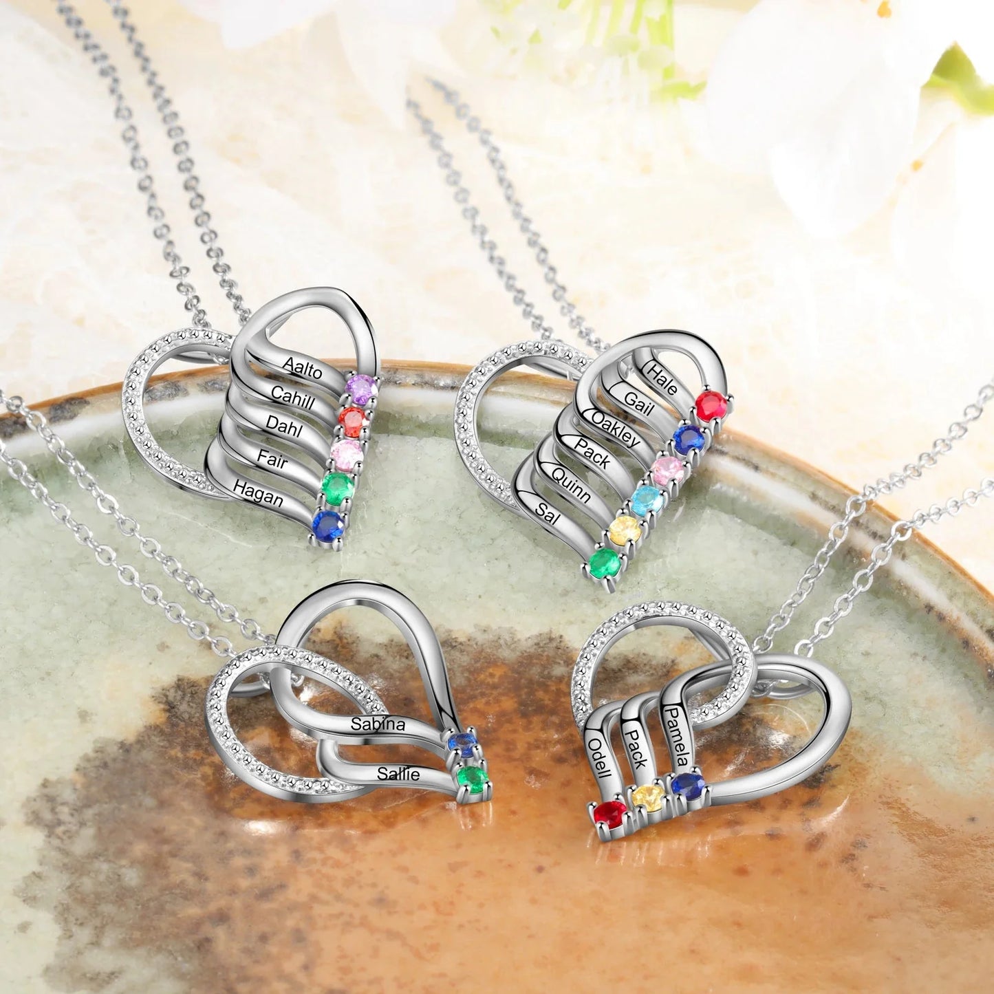 Personalized Name & Birthstone Heart Striped Pendant Necklace