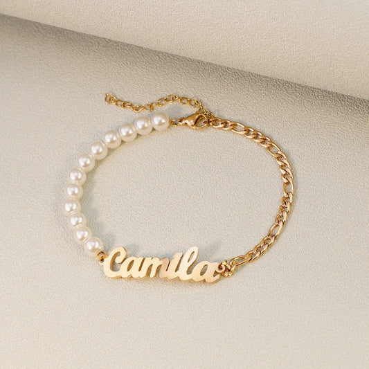 Personalized Name Pearl Figaro Chain Bracelet