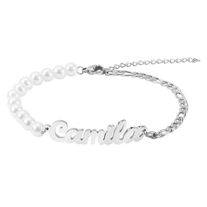 Personalized Name Pearl Figaro Chain Bracelet