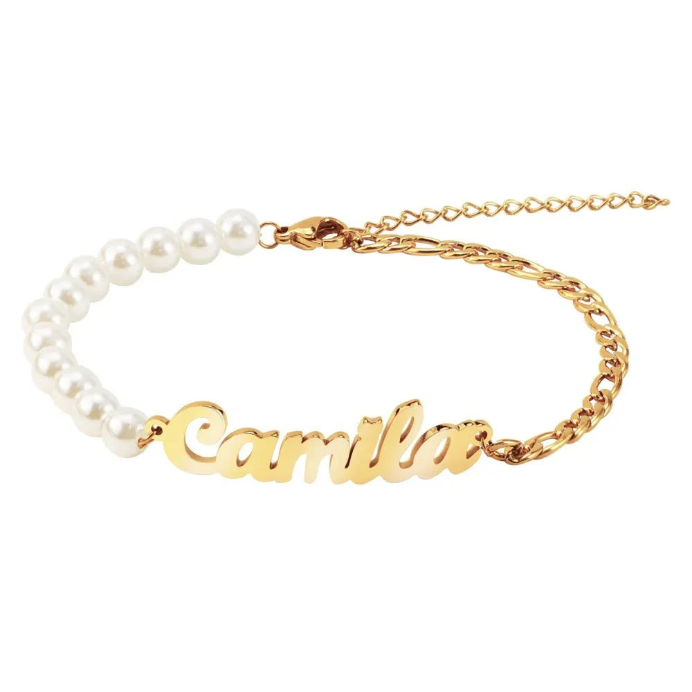 Personalized Name Pearl Figaro Chain Bracelet