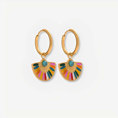 Gold hoop earrings with colorful half-circle charms on a light gray background