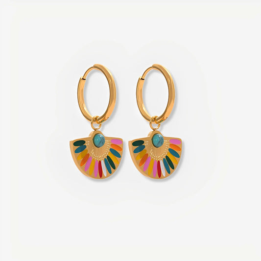Gold hoop earrings with colorful half-circle charms on a light gray background