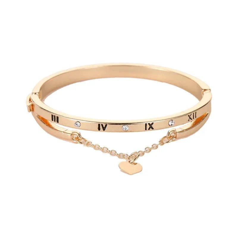Roman Numeral Heart Dangle Cuff Bracelet