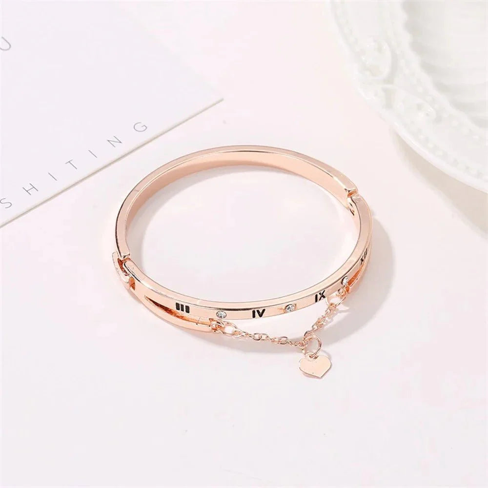 Roman Numeral Heart Dangle Cuff Bracelet