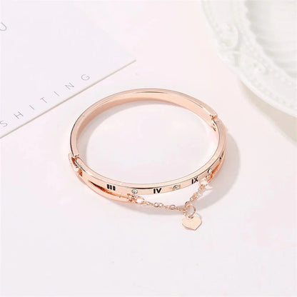 Roman Numeral Heart Dangle Cuff Bracelet