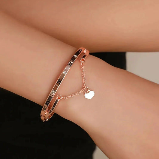 Roman Numeral Heart Dangle Cuff Bracelet