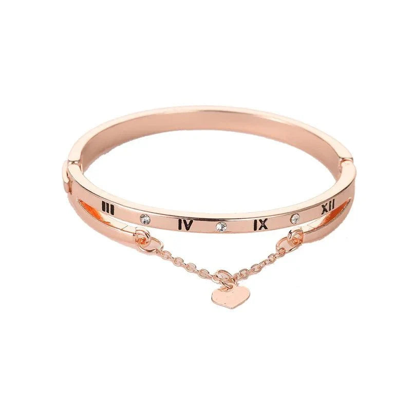 Roman Numeral Heart Dangle Cuff Bracelet