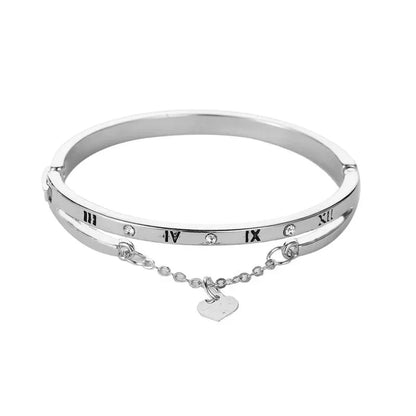 Roman Numeral Heart Dangle Cuff Bracelet