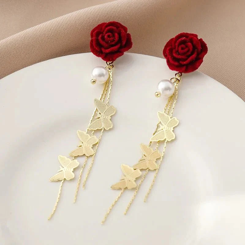 Romantic Rose Pearl Butterfly Dangle Earrings