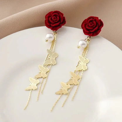 Romantic Rose Pearl Butterfly Dangle Earrings
