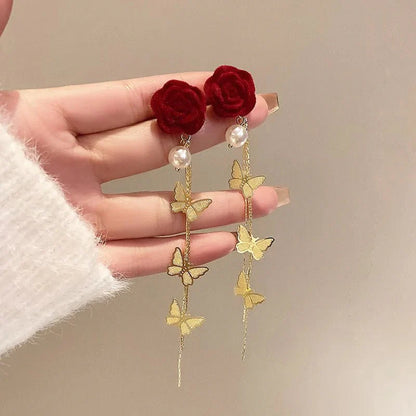 Romantic Rose Pearl Butterfly Dangle Earrings