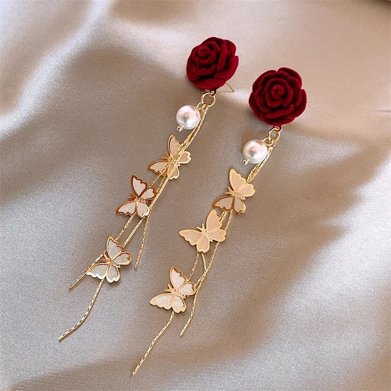 Romantic Rose Pearl Butterfly Dangle Earrings