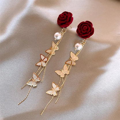 Romantic Rose Pearl Butterfly Dangle Earrings