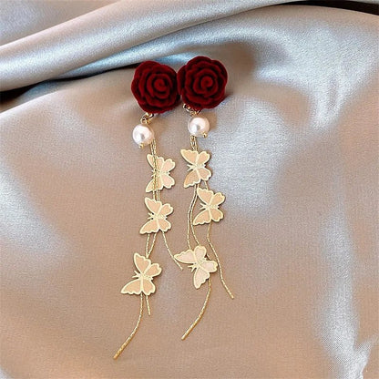 Romantic Rose Pearl Butterfly Dangle Earrings