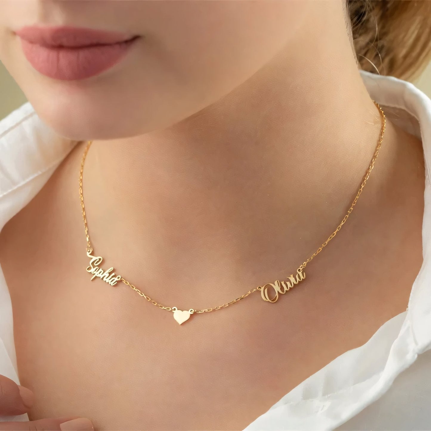 Romantic Two Name Dainty Heart Necklace