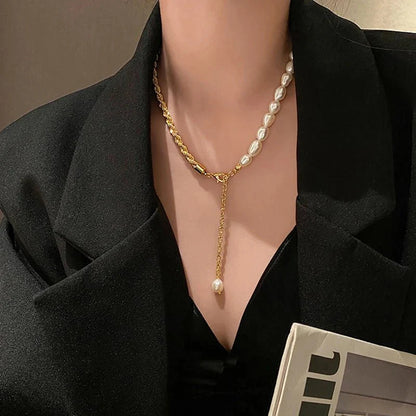 Rope Chain Pearl Contrast Bracelet and Necklace