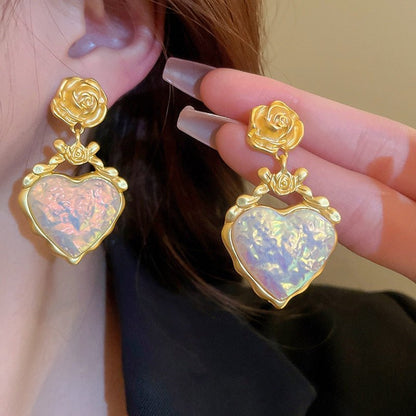 Rose Floral Enamel Heart Earrings