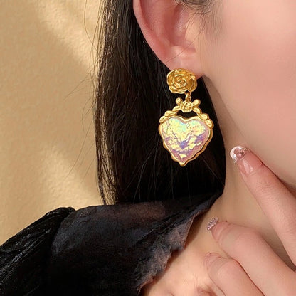 Rose Floral Enamel Heart Earrings