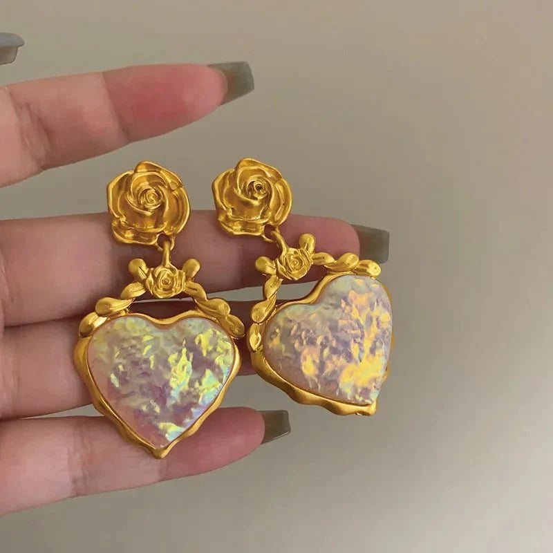 Rose Floral Enamel Heart Earrings