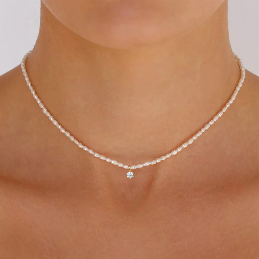 S925 Dainty Diamond Charm Pearl Necklace