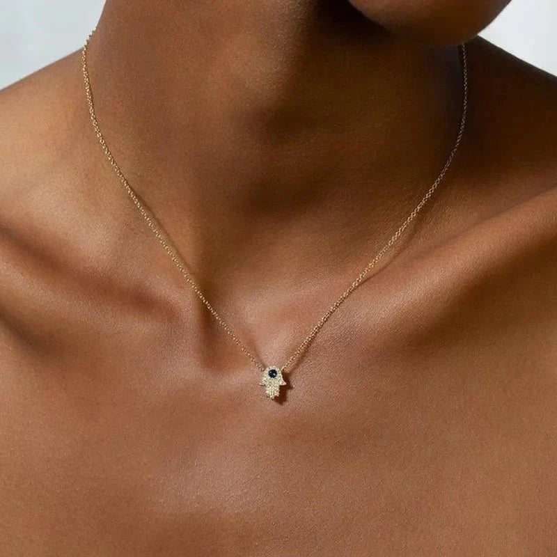 S925 Dainty Hamsa Hand Diamond Pendant Necklace
