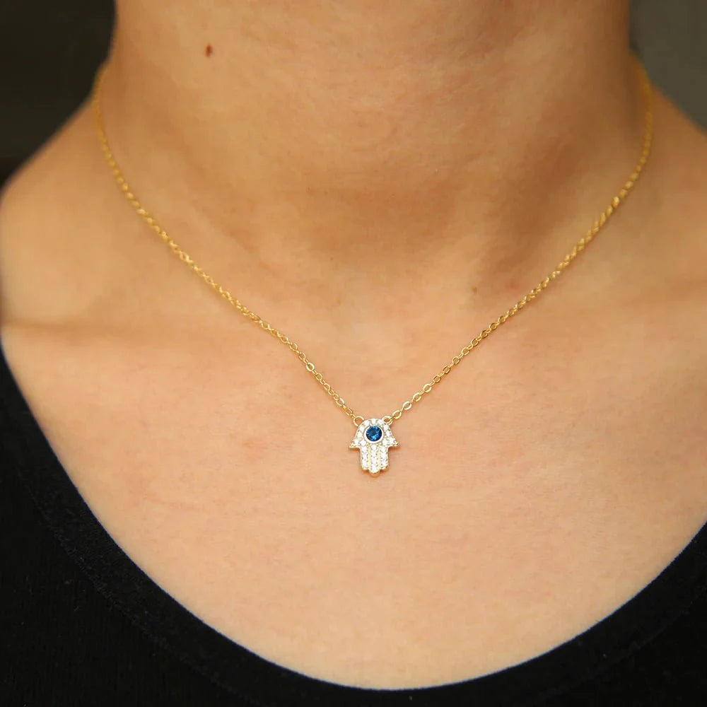 S925 Dainty Hamsa Hand Diamond Pendant Necklace