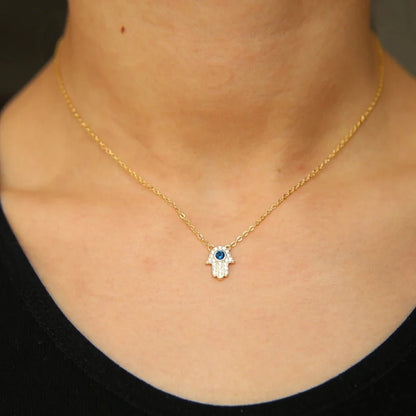 S925 Dainty Hamsa Hand Diamond Pendant Necklace