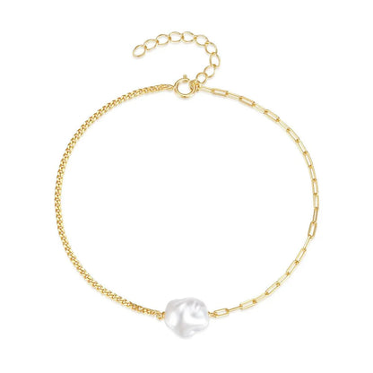 S925 Pearl Dainty Paperclip and Cuban Chain Bracelet