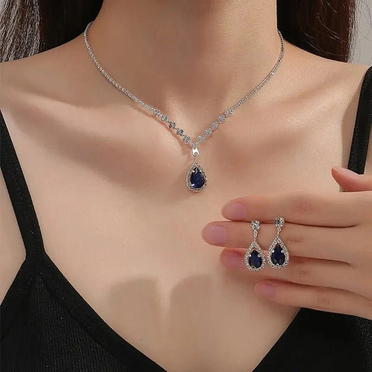 Shimmering Blue Teardrop Diamond Necklace and Earrings Set