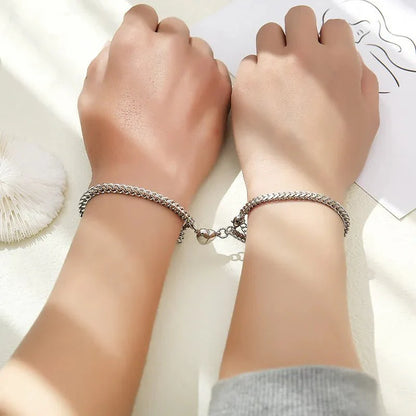 Simple Couples Cuban Magnetic Heart Bracelet Set