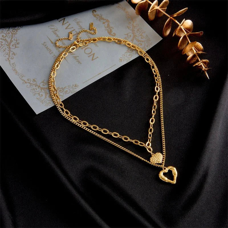 Stacked Golden Heart Contrast Necklaces