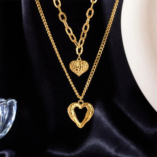 Stacked Golden Heart Contrast Necklaces
