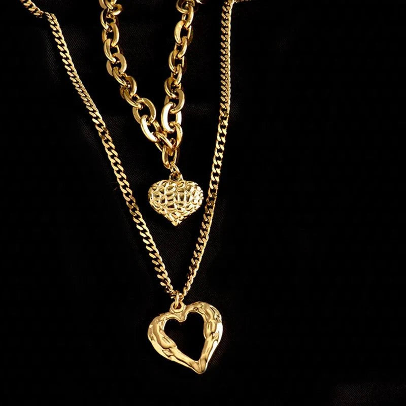 Stacked Golden Heart Contrast Necklaces