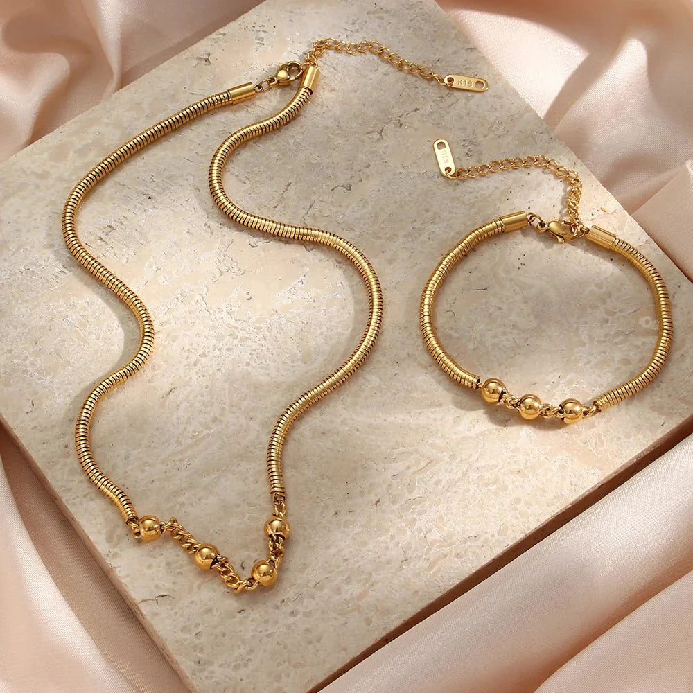 Thick Snake Chain Beaded Necklace and Bracelet Set