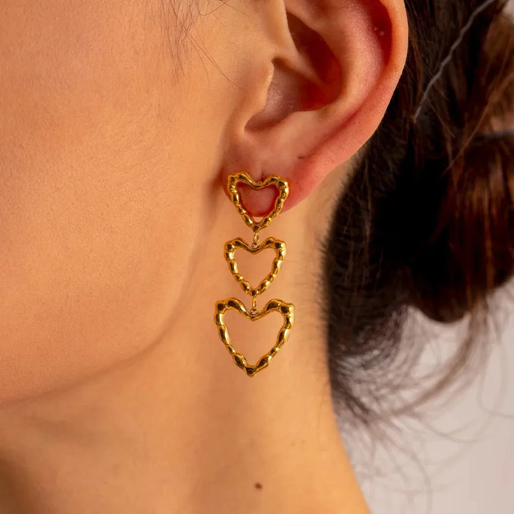 Triple Outlined Hearts Drop Earrings