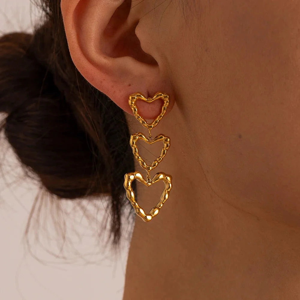 Triple Outlined Hearts Drop Earrings
